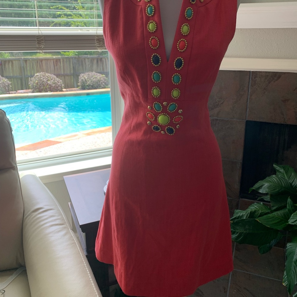 Katespade jeweled linen deep V neck dress
